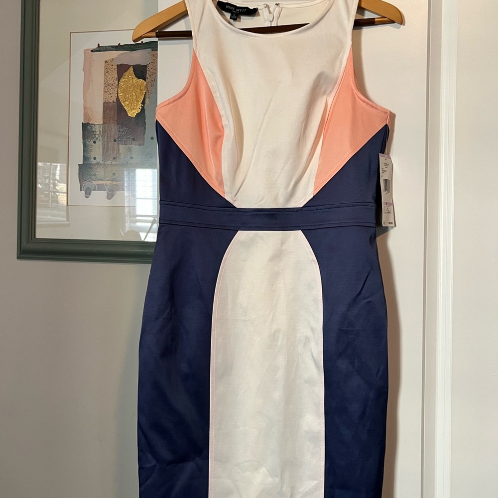 Nine West Blue and White Sheath Midi Dress Halter Neckline